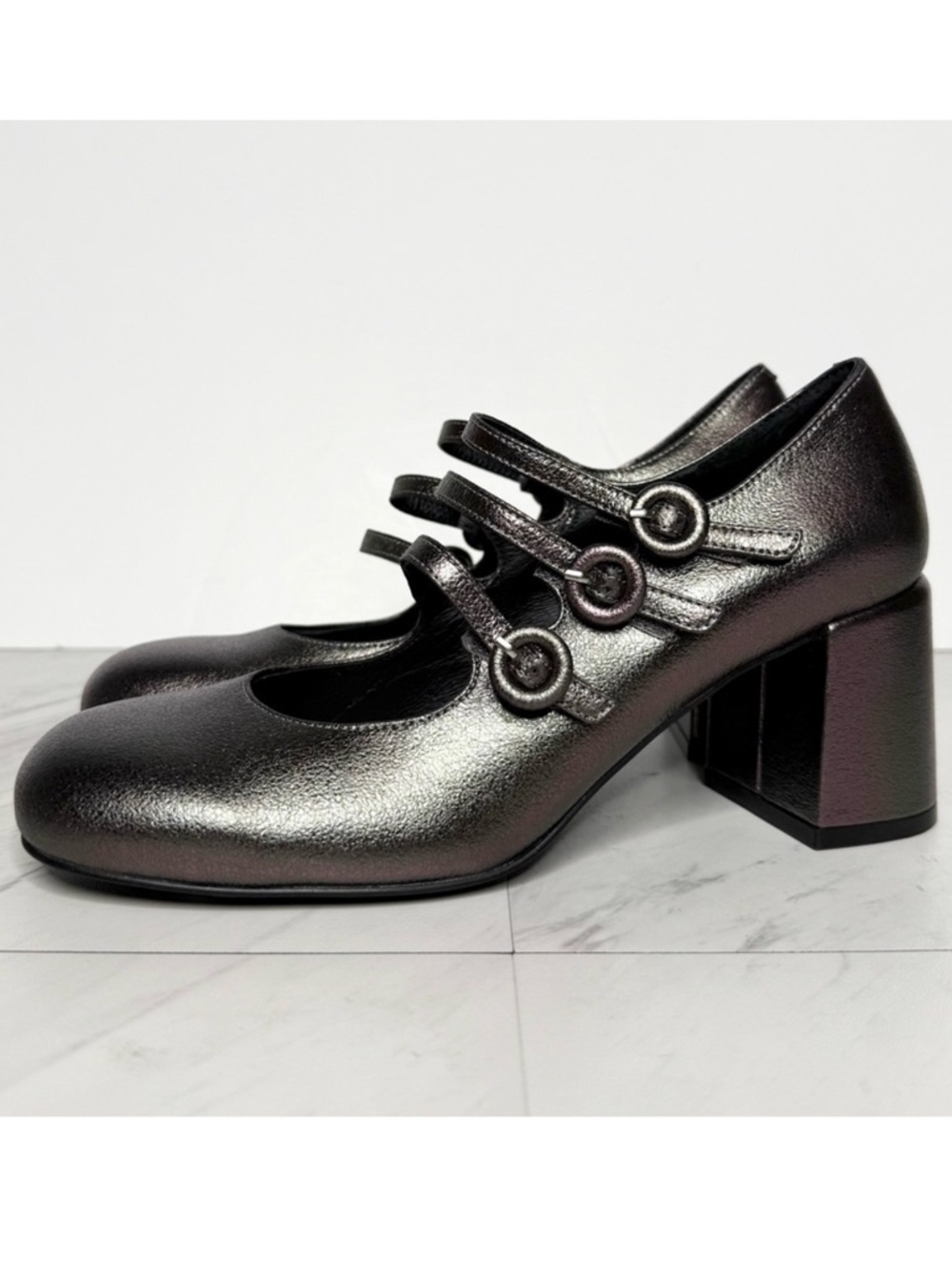 Jeffrey Campbell Tierz Pewter Iridescent Faux Leather Mary Jane Pump 7 1/2